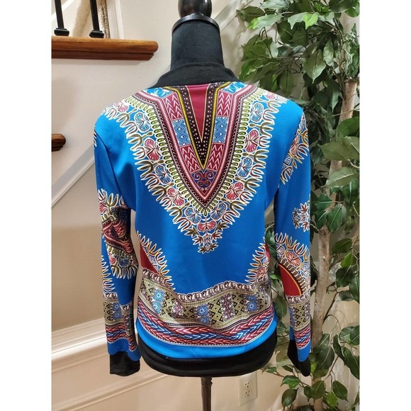 African Print Multicolor Dashiki Long Sleeve Full Zip Bomber Jacket XL - Picture 8 of 14